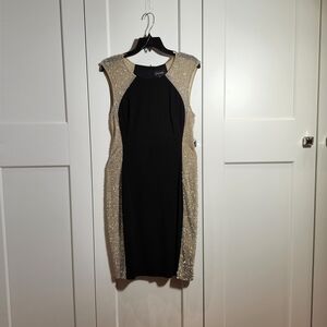 Xscape Black Midi Dress with Gold Beaded Side Panels